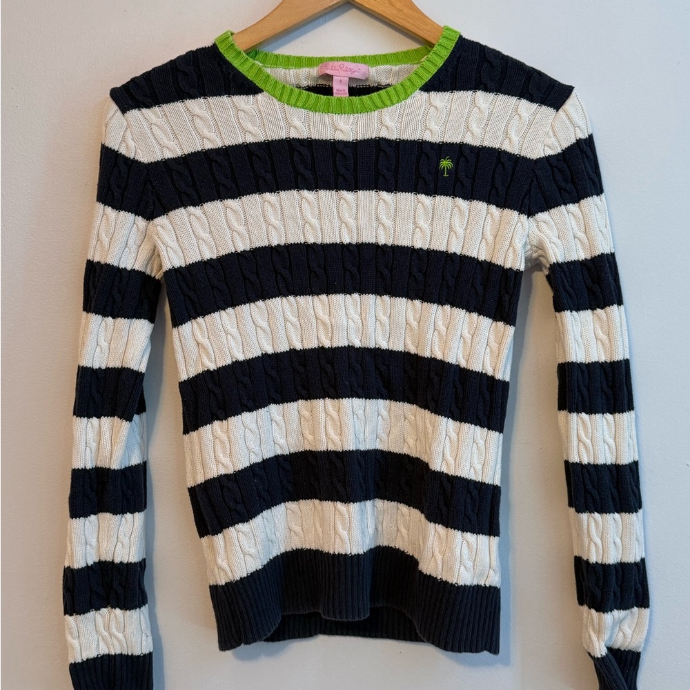 Lilly Pulitzer Blue and White Crew Neck Sweater with Nautical Stripes